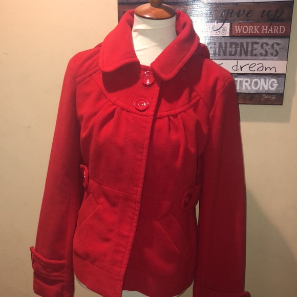 Tulle cute hooded Red Peacoat Jacket with detachable hood - Picture 13 of 17